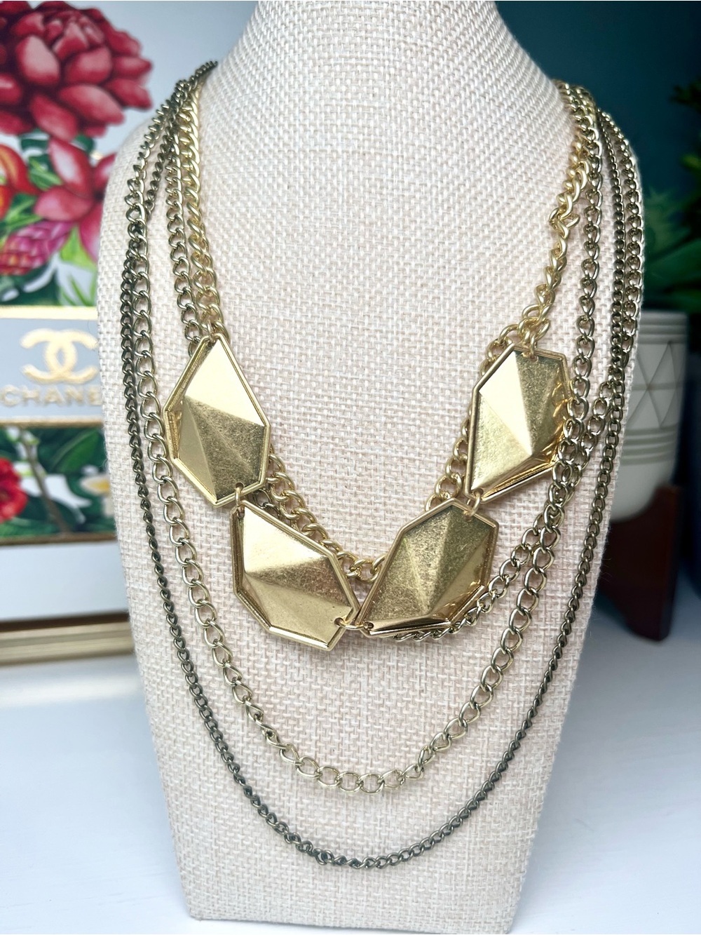 Gold Multi-Chain Geometric Pendant Layered Chain Necklace